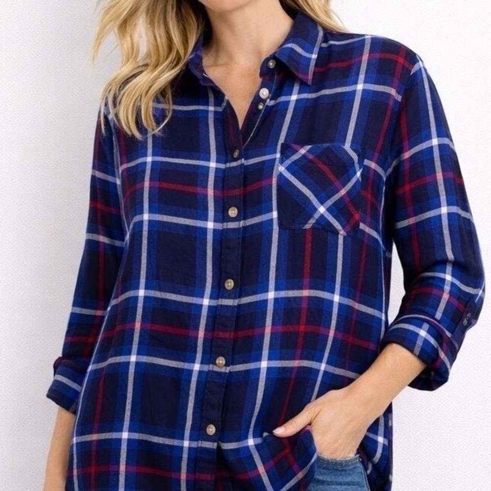 American Eagle Boyfriend Fit Plaid Flannel Shirt Navy‎ Blue Red White XS